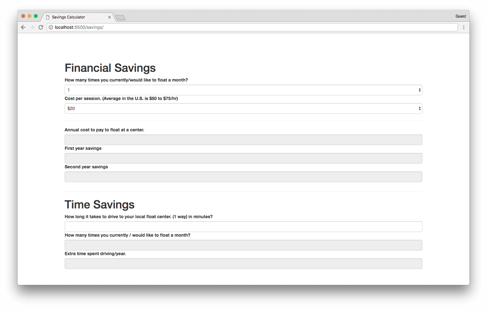 Float Tank Savings Form Screenshot