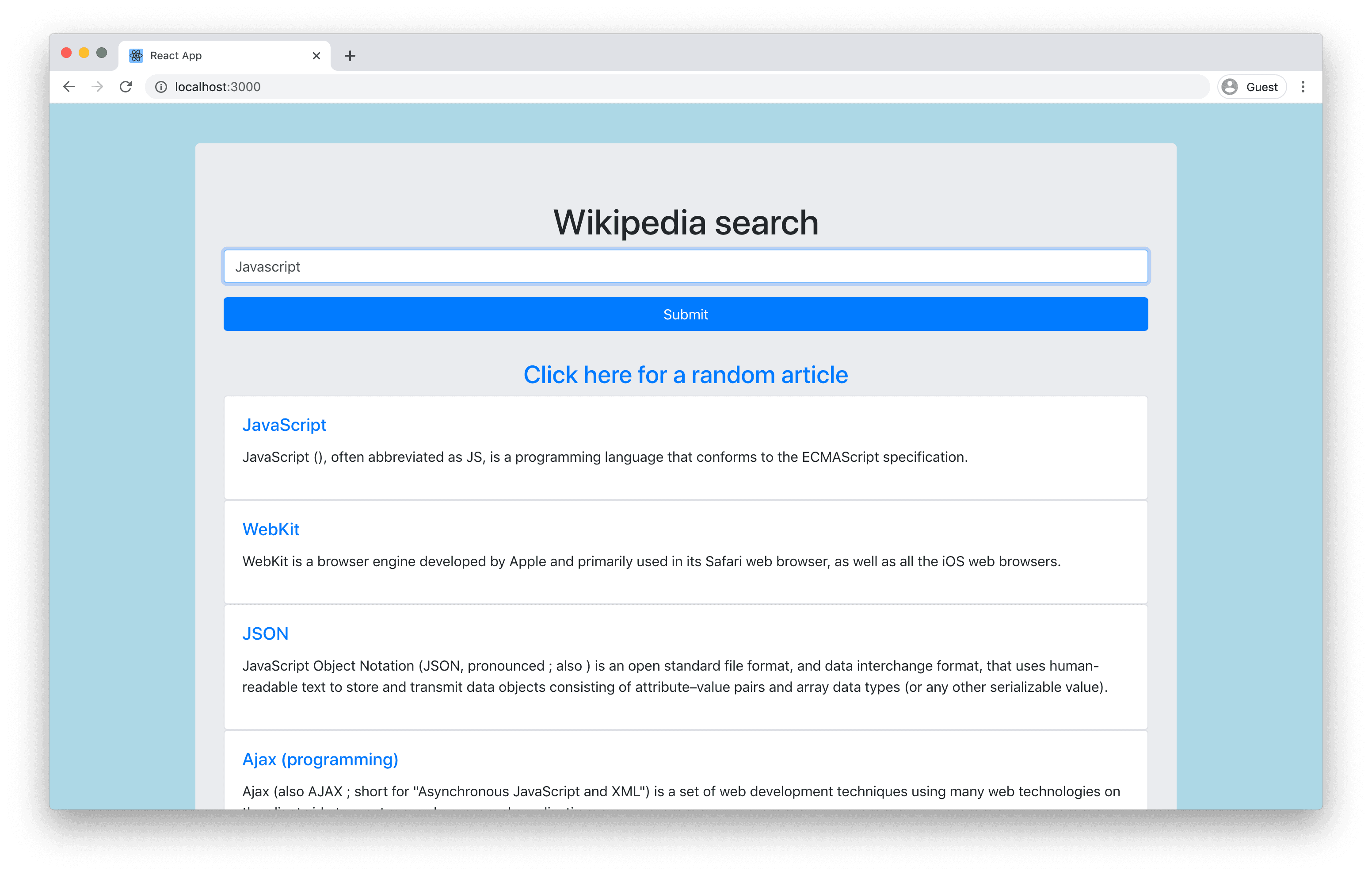 Wikipedia Search Application Screenshot