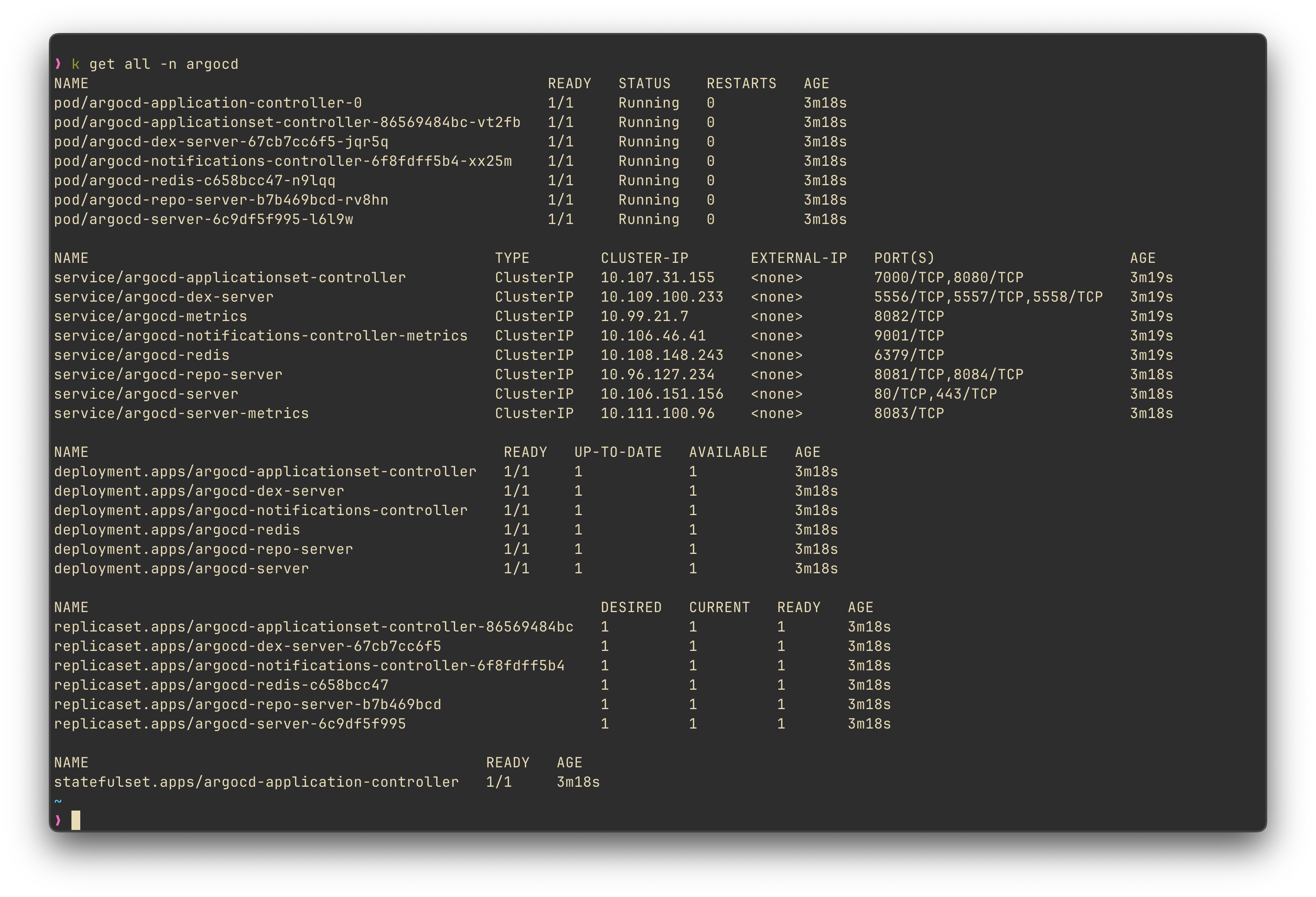The result of running kubectl get all -n argocd on the command line