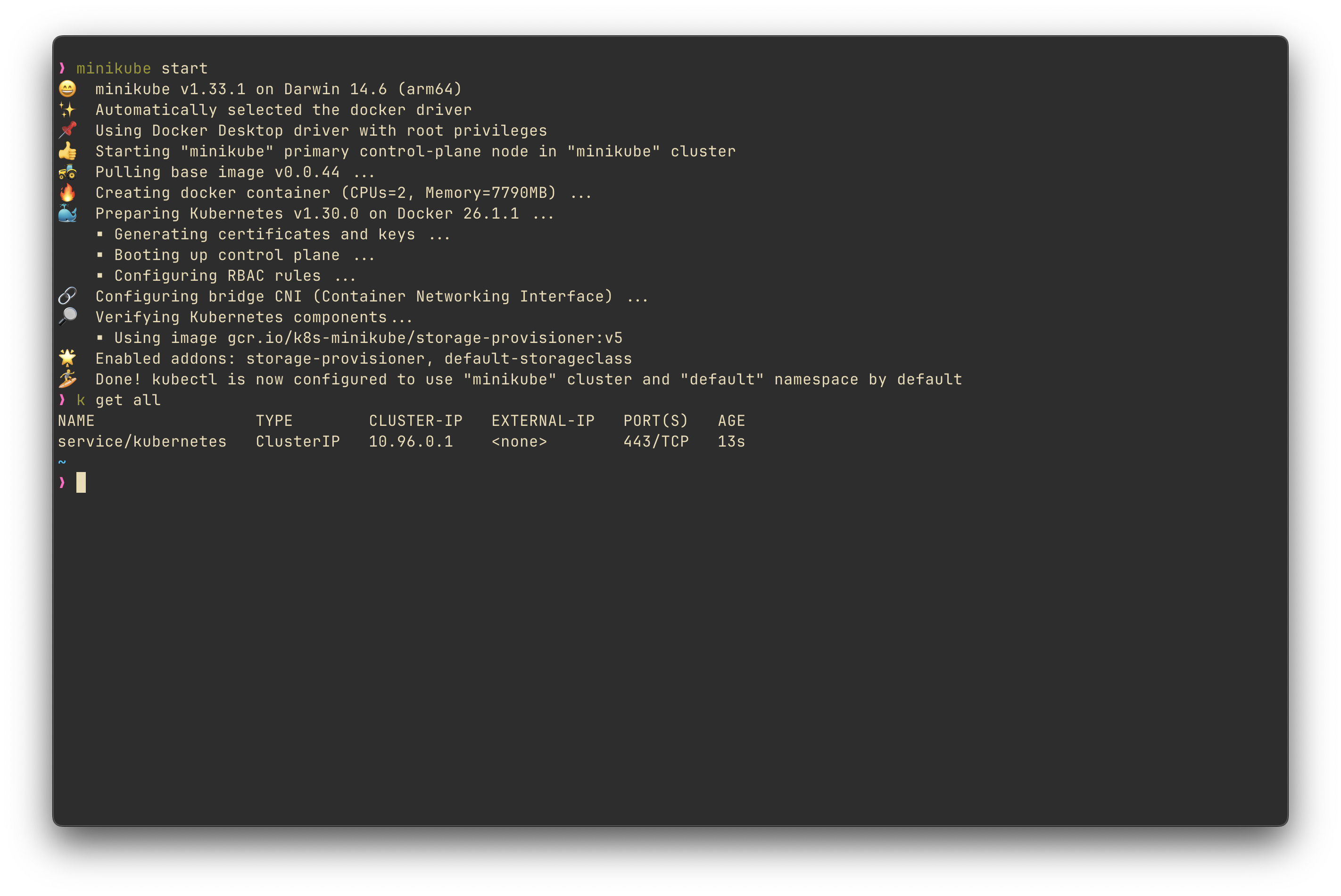 The result of running minikube start on the command line