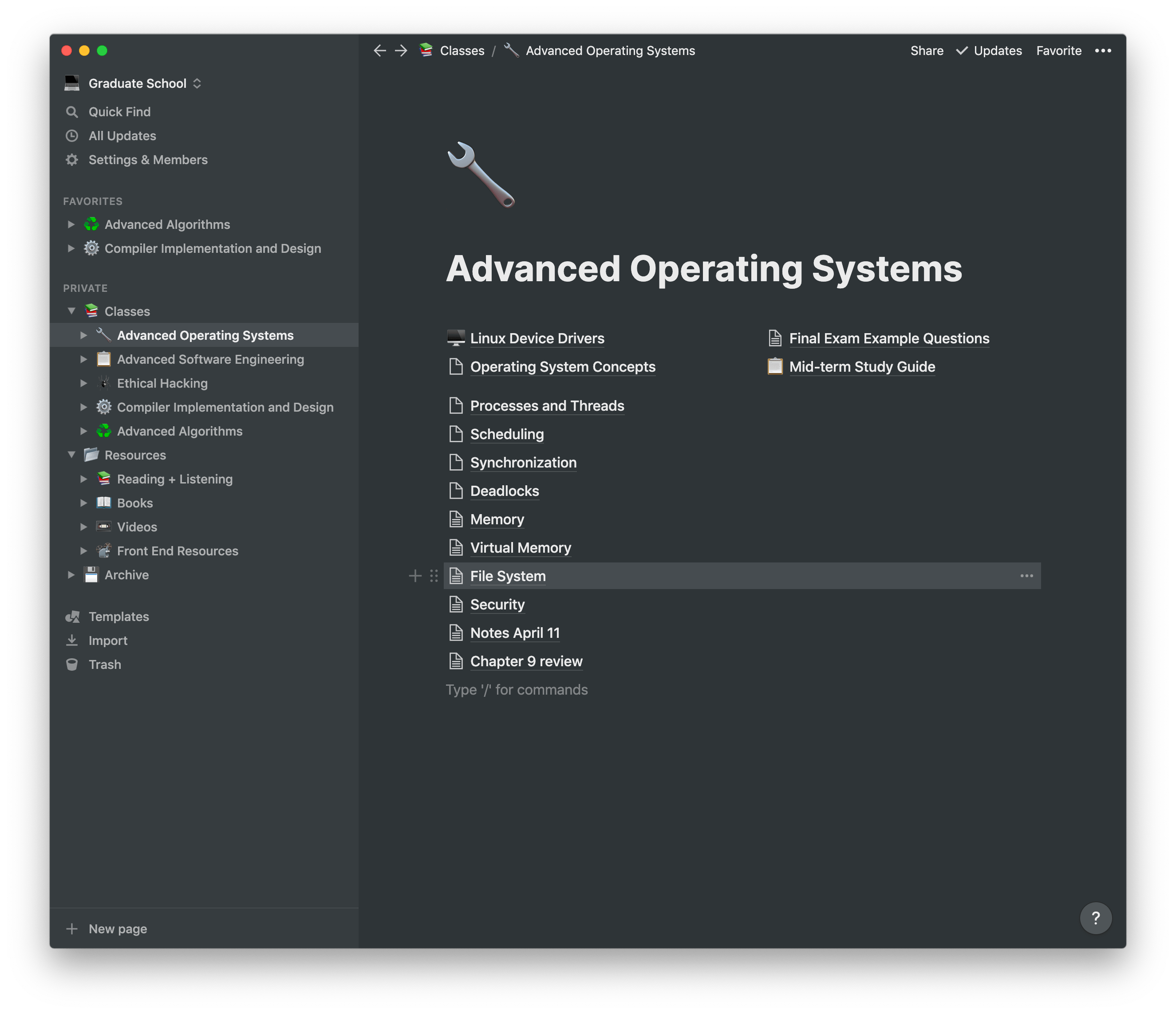 a notion page that links to notes for the Advanced Operating System class