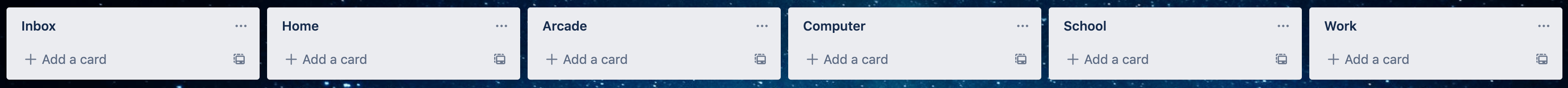 trello card view header showing inbox, home, arcade, computer, school, work
