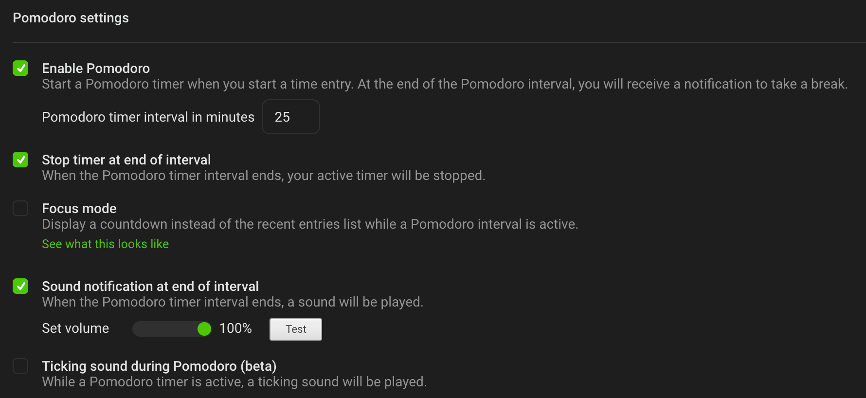 toggle pomodoro settings showing enable pomodoro checked, stop timer at end of interval checked, and sound notification at end of interval checked